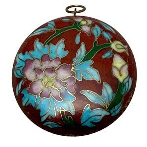 Vintage Cloisonne Pendant Round Red Chrysanthemum Floral Gold Tone 1.5"